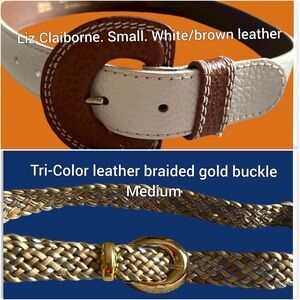 Set of 2 Belts. Liz Claiborne WhiteBrown Leather, TriColor braided, gold buckle